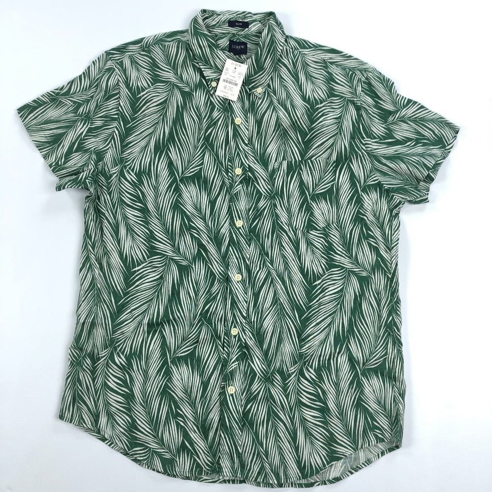J Crew Linen Shirt Mens Large Slim Fit Tropical Palm Short Sleeve Button